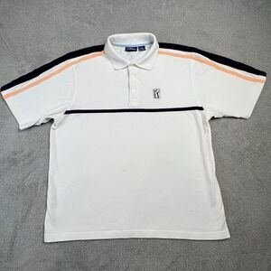 PGA Tour Men's White Golf Polo Shirt Large Short Sleeve Logo Stripe Vintage